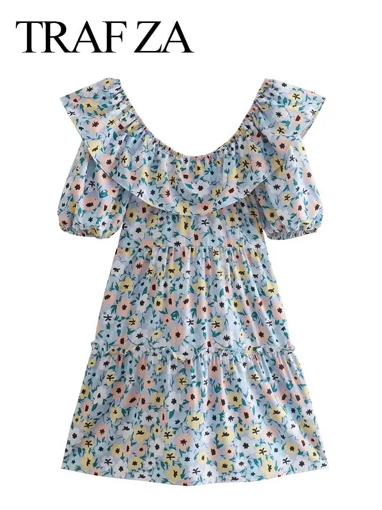 

TRAF ZA Summer New Fresh Floral Print Elastic Puff Sleeves Round Neck Mini Dress Fashion Casual Retro Elegant Women's Dress