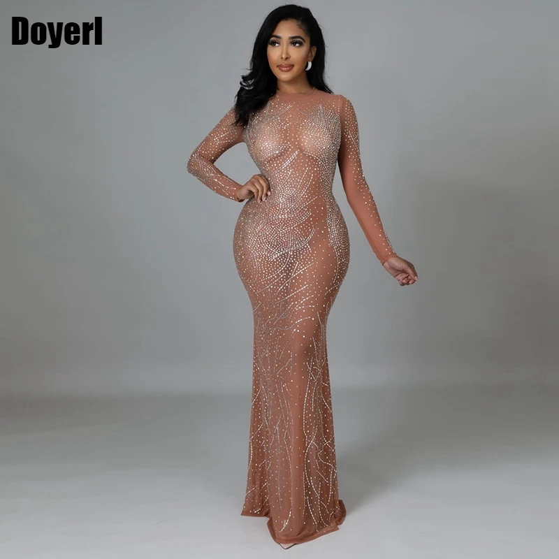 

Sexy Crystal Rhinestone Bodycon Maxi Dress Women Elegant See Through Mesh Evening Dress Club Party Birthday Dress for Women