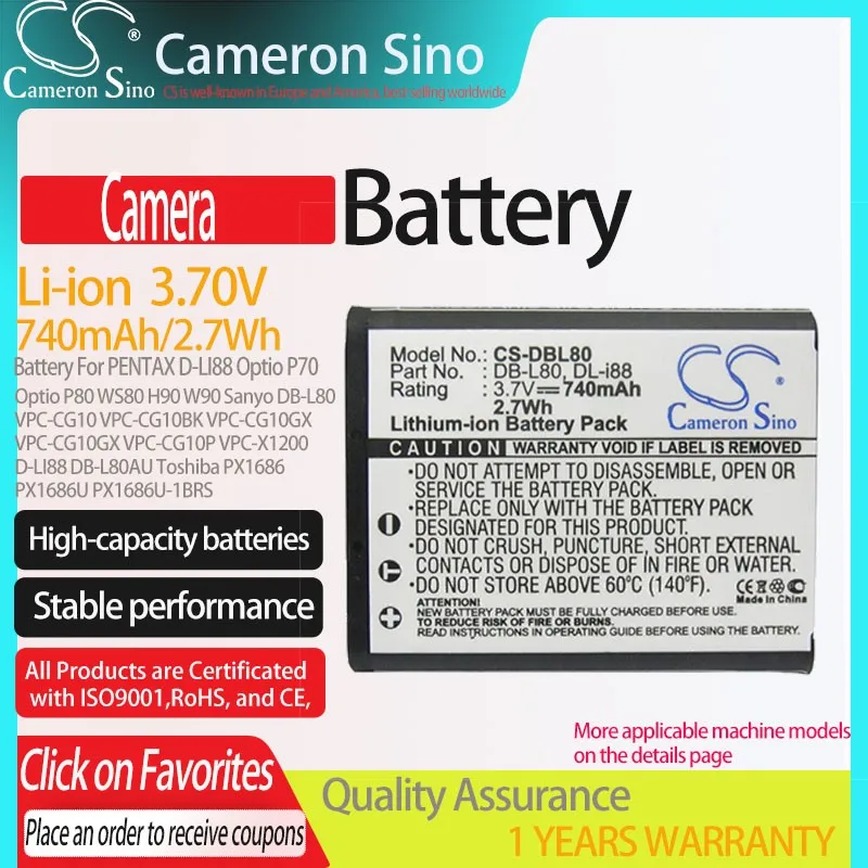 

CS Camera Battery for PENTAX Optio P70 P80 WS80 H90 Sanyo VPC-CG10 VPC-CG10P DMX-CG102 Fits D-LI88 DB-L80AU Toshiba PX1686