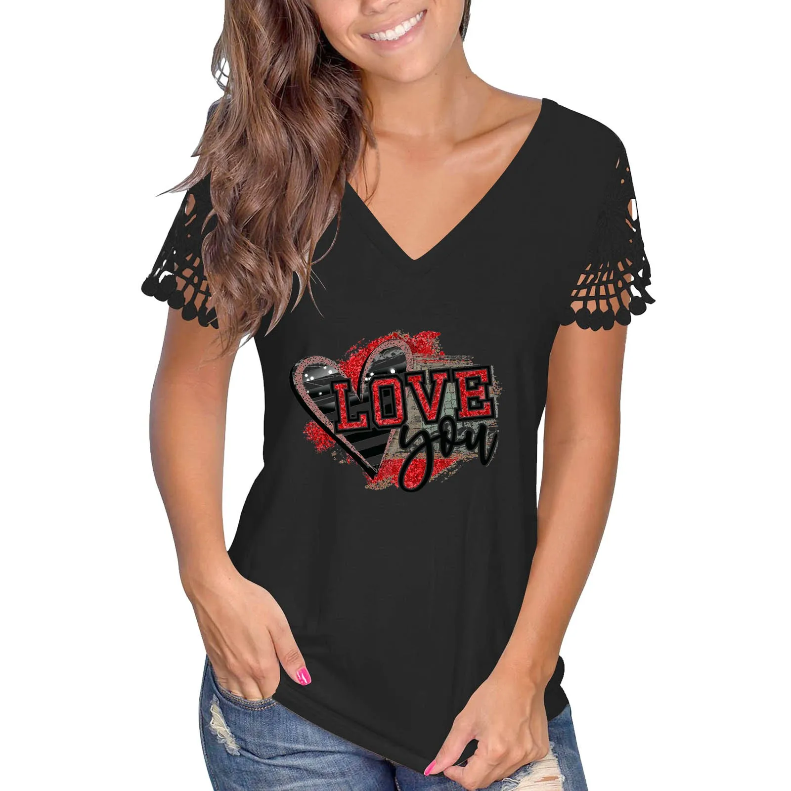 

Женская модная повседневная футболка с V-образным вырезом и принтом, летняя повседневная свободная футболка с кружевными рукавами, Женский ...