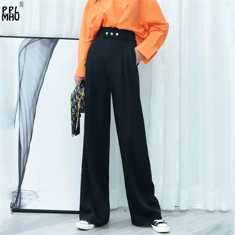 New Spring Basic Baggy Trousers Female Korean Elastic High Waist Women Pants Stylish Solid Color Button Work Wide Leg Pants