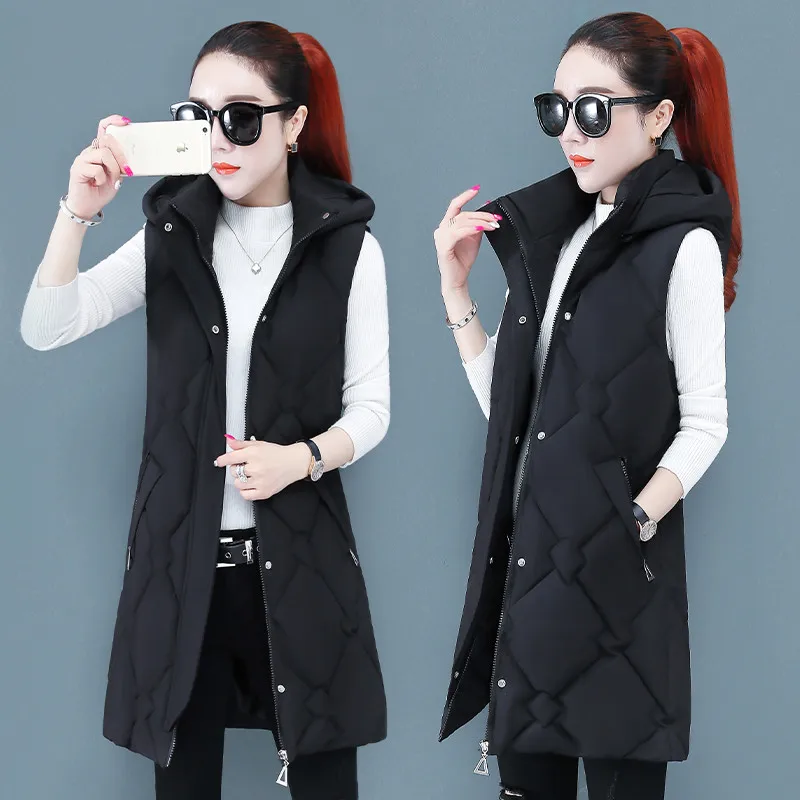 

Down Cotton Vest Women Mid-Length Winter Fashion Zipper Detachable Hooded Sleeveless Padded Jacket Thick Waistcoat Female G2320