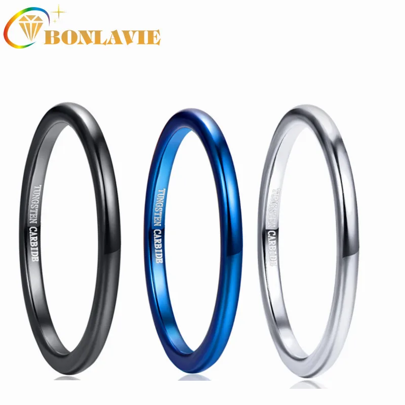 

BONLAVIE 2mm Tungsten Carbide Steel Ring Full Polished Fashion Thin Rings for Women Punk Anniversary Wedding Bands