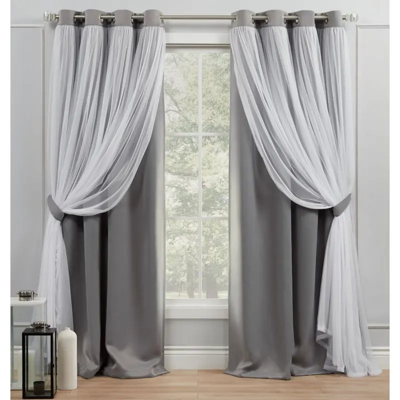 

Catarina Layered Solid Room Darkening Blackout and Sheer Grommet Top Curtain Panel Pair, 52x96, Soft Grey