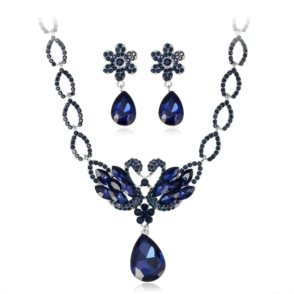 

Elegant Blue Crystal Bridal Jewelry Set Swan Pendant Necklace Earrings Set Wedding Party Costume Accessories