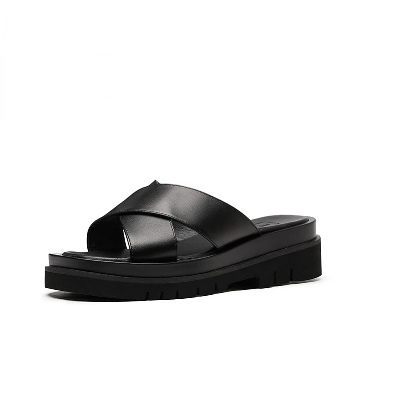 

Men Leather Slippers Luxury Genuine Leather Handmade Brand Solid Black Fashion Summer Shoes Quality Outside Designer Flip Flop