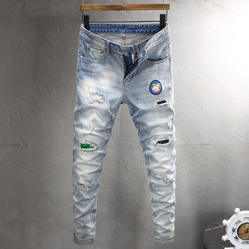 Street Fashion Men Jeans Retro Washed Light Blue Elastic Stretch Slim Fit Ripped Jeans Men Patch Designer Hip Hop Denim Pants