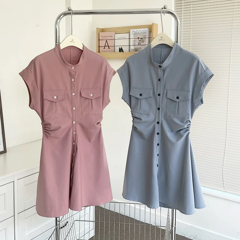 

Short Sleeve Blue Shirt Dress Women Vestidos De Verano Mujer 2022 Summer Sexy Waist Pleated Single Breasted Pink Mini Dresses