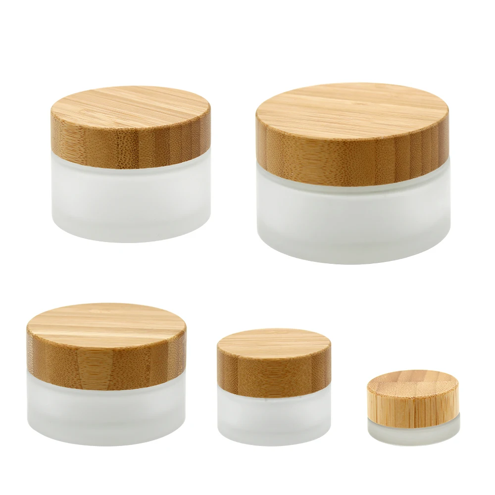 

5g 15g 30g 50g 100g Frosted Glass Cream Jars Leak Proof Cosmetic Container with Bamboo Lids for Travel Storage Make Up Beauty