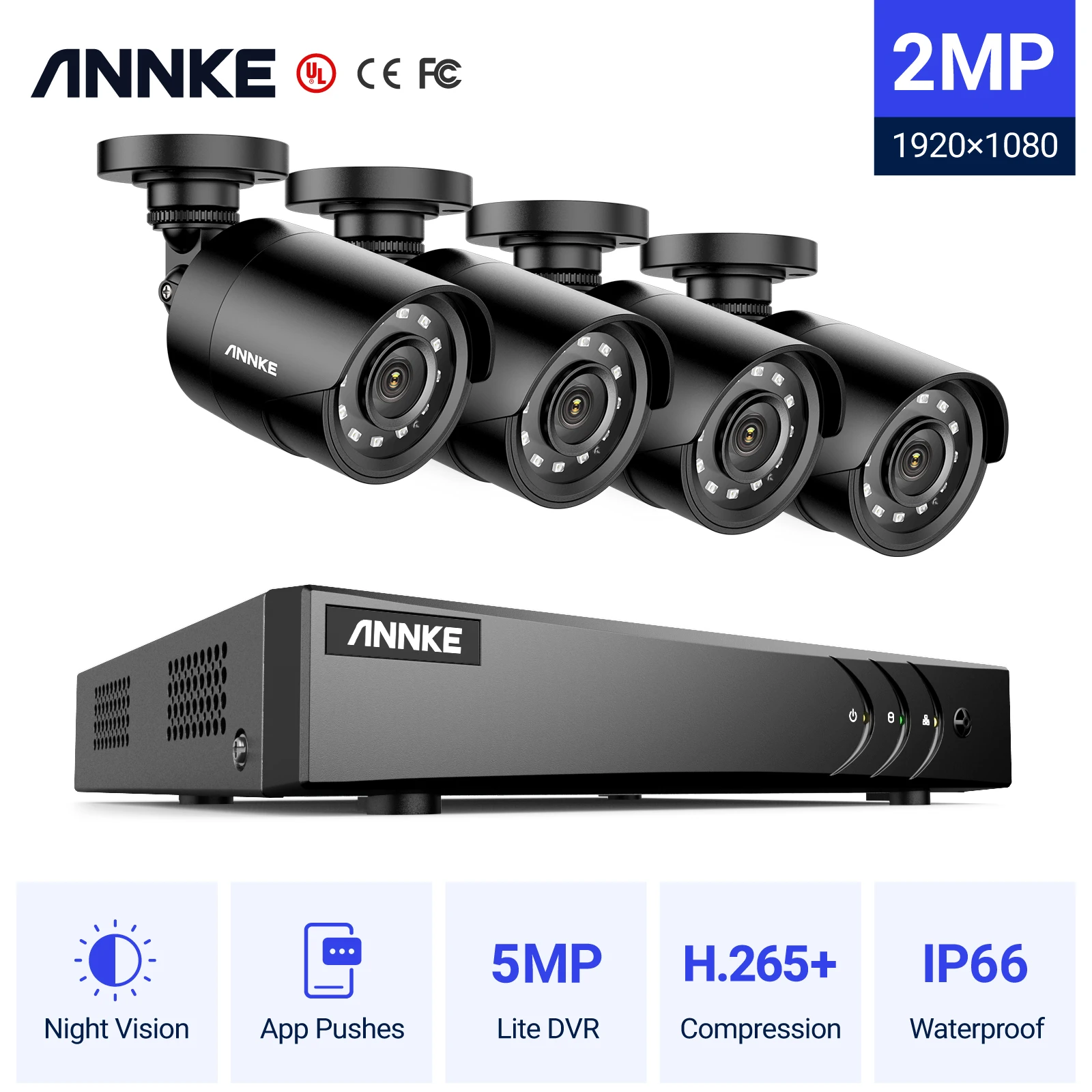 ANNKE 8CH 5in1 5MP Lite DVR HD Video Surveillance System H.265+ With 4PCS Weatherproof Outdoor 2MP Security Camera Home CCTV Kit