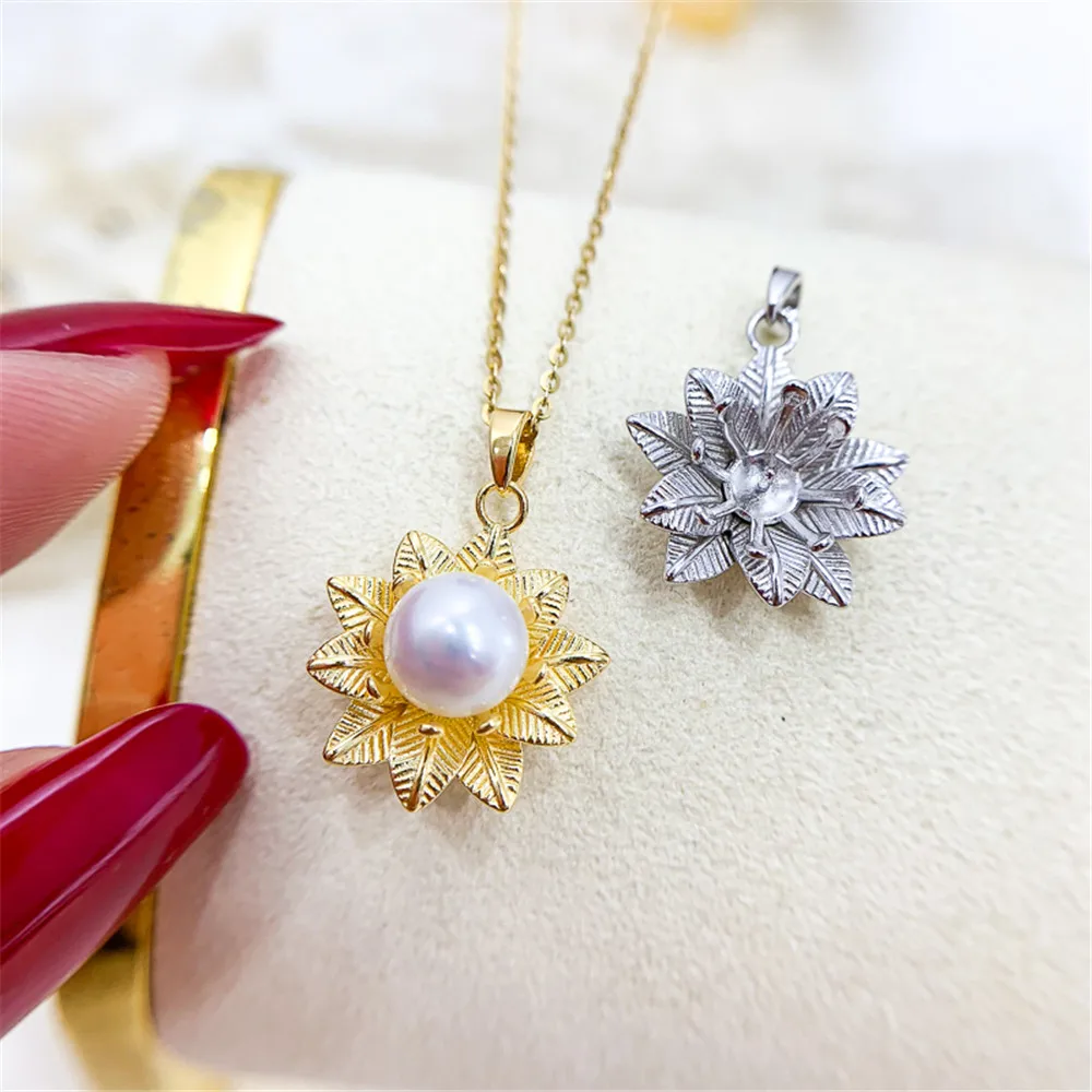 

DIY Pearl Accessories S925 Sterling Silver Pendant with Empty Holder Gold Silver Necklace Pendant with 7-8mm Round Flat Beads