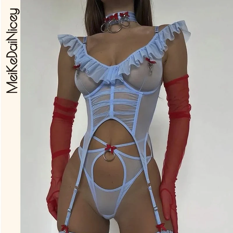 

MeiKeDai модное нижнее белье с рюшами, кружевное сексуальное красивое нижнее белье, 3 предмета, прозрачные экзотические комплекты, красивые бесшовные костюмы Bilizna