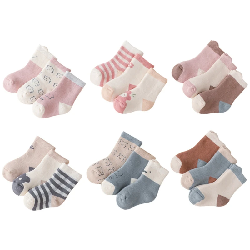 3 Pairs/lot Winter Terry Thick Kawaii Pink Flowers Stripe Cotton Soft Breathable Newborn Baby Girl Boy Toddler Mid Tube Socks