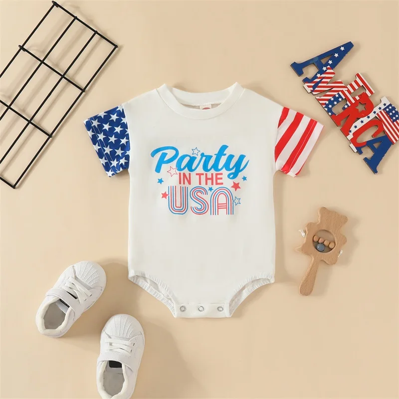 Комбинезон детский с коротким рукавом, круглым вырезом и буквенным принтом