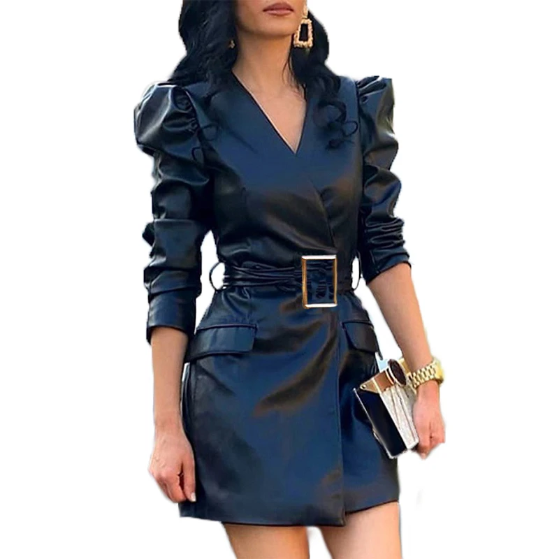 Купи Women Elegant PU Leather Dresses V-neck Puff Sleeve Slim Belt Bandage Slim Dress Ladies Autumn Winter vestidos de mujer за 1,139 рублей в магазине AliExpress