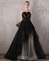 black long prom dresses sweetheart ball gown sweep train sexy sleeveless appliques back lace up tulle tiered asymmetrical
