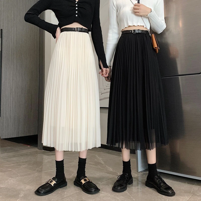 

Mesh Pleated Skirts Women High Waisted Drape Slim Belt Elegant Summer Skirt Harajuku Loose Midi Long Sweet Casual Skirts N529