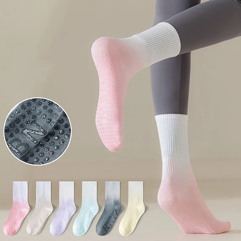 

1Pair Yoga Socks Cotton Gradient Color Mid-tube Non-slip Stocking Professional Sports Fitness Pilates Socks Dance Floor Socks