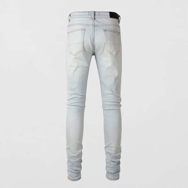 Fashion Streetwear Men Jeans Retro Light Blue Stretch Slim Fit Hole Ripped Jeans Men Patch Designer Hip Hop Brand Pants Hombre