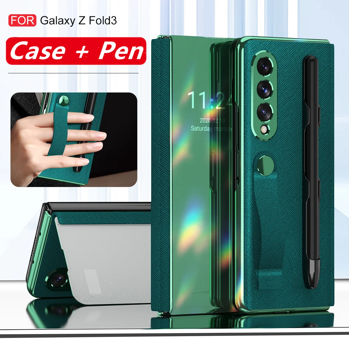

Capacitance Pen With Mirror Flip Leather Case For Samsung Galaxy Z Fold 3 Removable Pen Slot Holder Cover With Wristband Strap