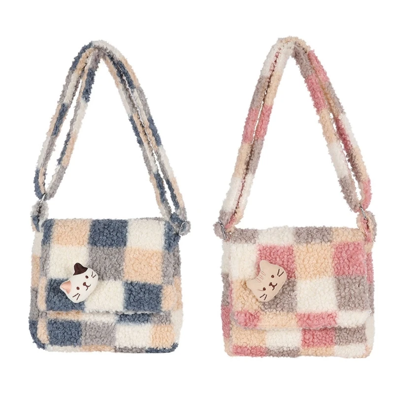 

28GD Women Plush Handbags Cute Plaid Crossbody Bags All-matching Shoulder Bag Small Flap Bag Preppy-Style Shopping Dating Bag
