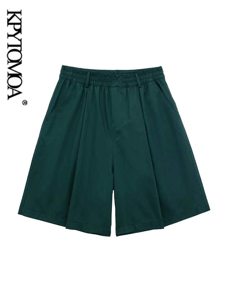 

KPYTOMOA Women Fashion Side Pockets Poplin Bermuda Shorts Vintage Mid Waist With Elastic Waistband Female Short Pants Mujer