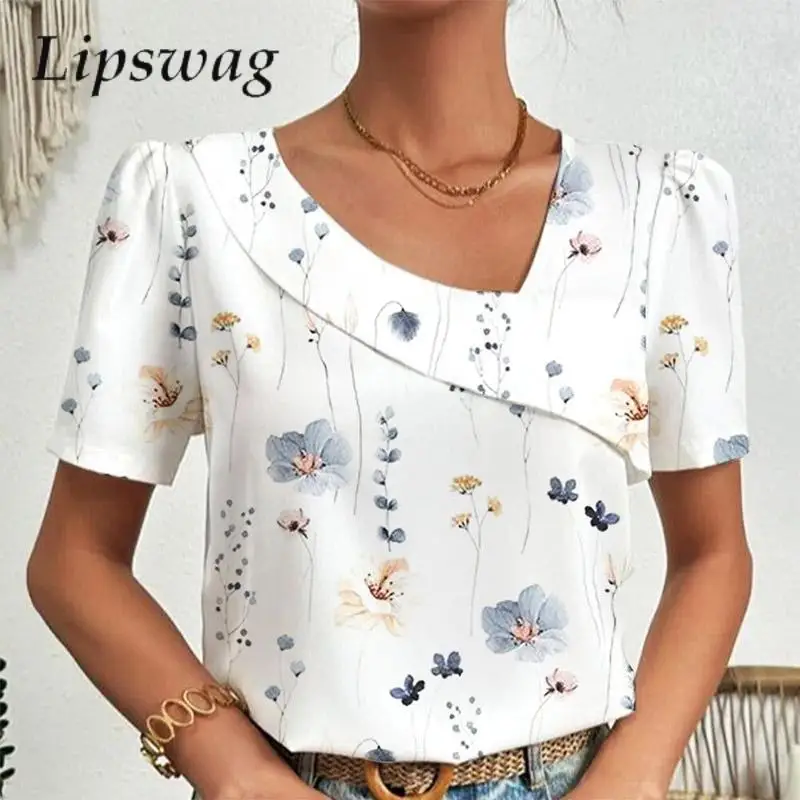 

Office Lady Daily Blouse Shirt Fashion Floral Print Short Sleeve Shirts Blusa Women Casual Pleat Patchwork V-Neck Tops Pullovers