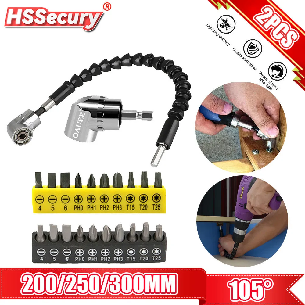 105 Degree Right Angle Drill Attachment and Flexible Angle Extension Bit Kit for Drill or Screwdriver 1/4" Socket Adapter Tools