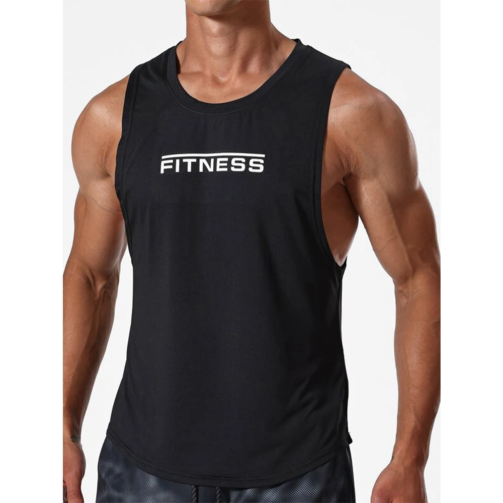 

Men's Fitness Letter Print Sports Tank Top Basketball Quick-drying Training Top Elastic Sleeveless Muscle Fitness Clothes