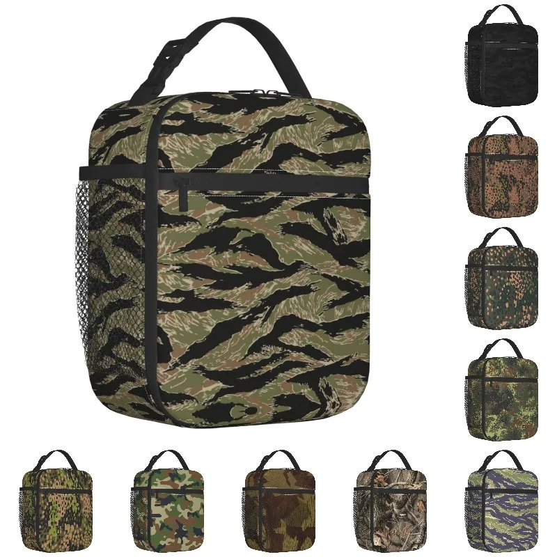 Tiger Stripe Camo Insulated Lunch Bags for Camping Military Tactical Camouflage Portable Thermal Cooler Bento Box Women Kids