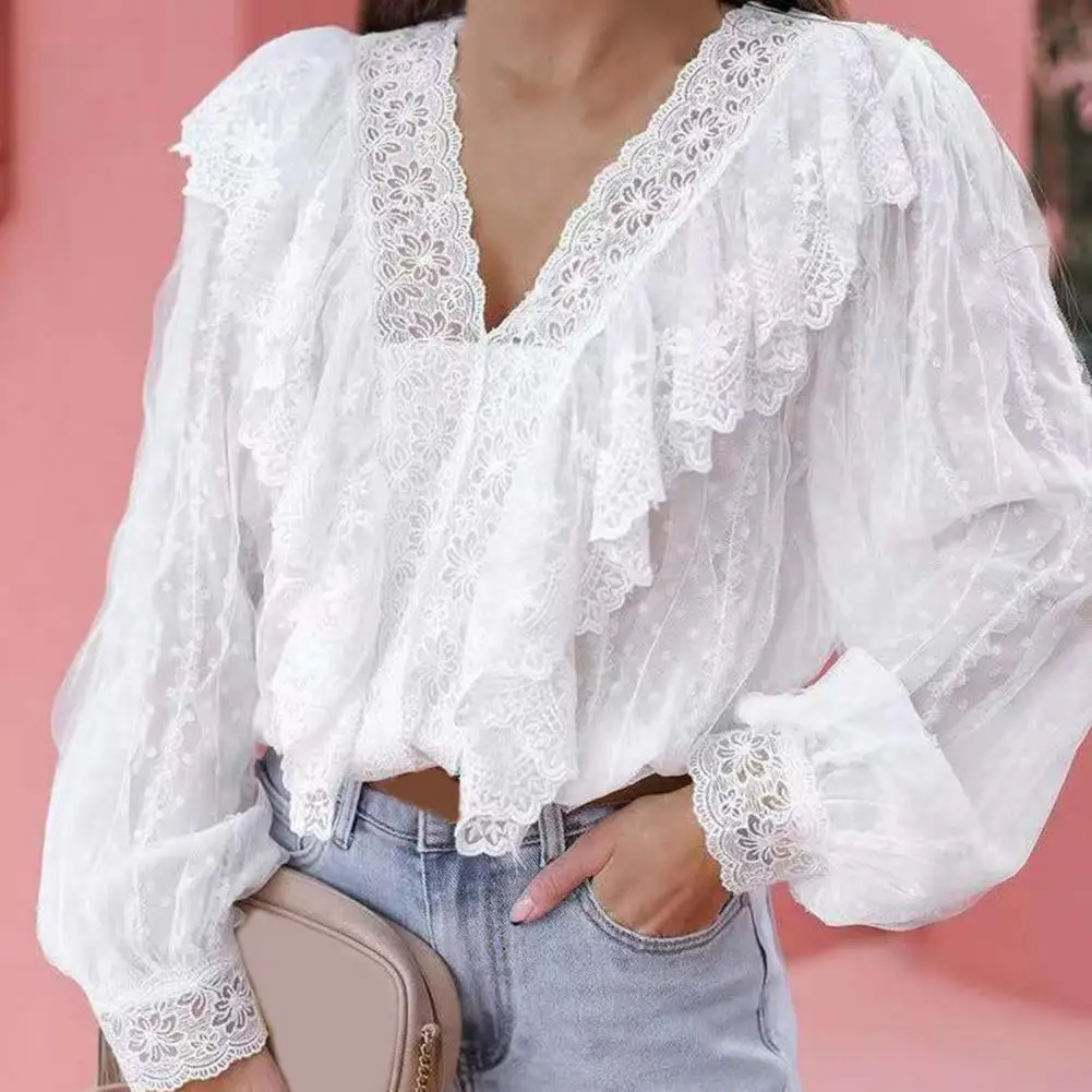 

Women Shirt Top V-Neck Lantern Long Sleeve Ruffles Loose Breathable Autumn Blouse Sweet Style Lace Pullover Tops Female Clothing