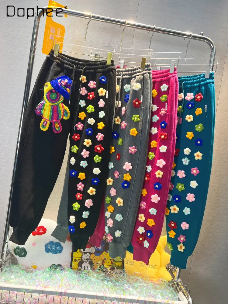 

Thick Colorful Flowers Velvet Bear Harem Pants for Women Heavy Industry Loose Casual Sweatpants Trendy Woman 2022 Autumn Winter