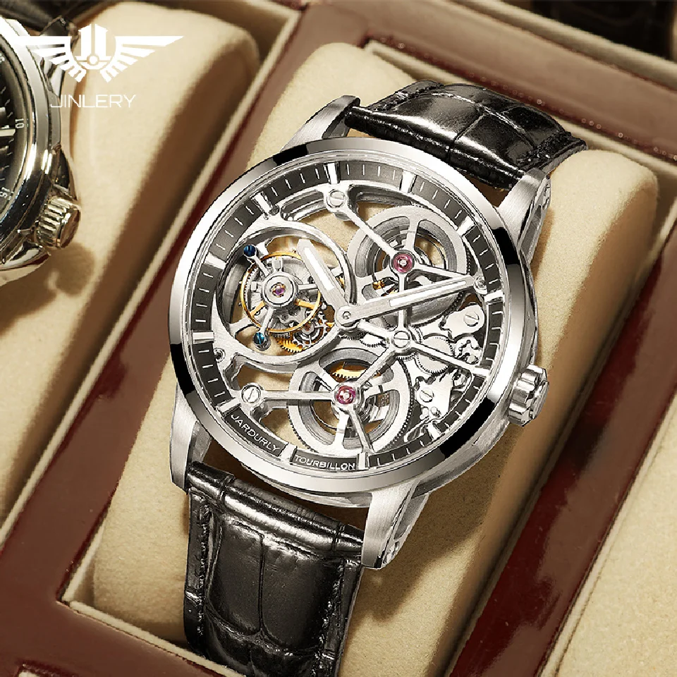 

JINLERY Flying Tourbillon Watches Automatic Mechanical Watch for Men Skeleton Luxury Men Wristwatches Leather Strap Relogio Masc