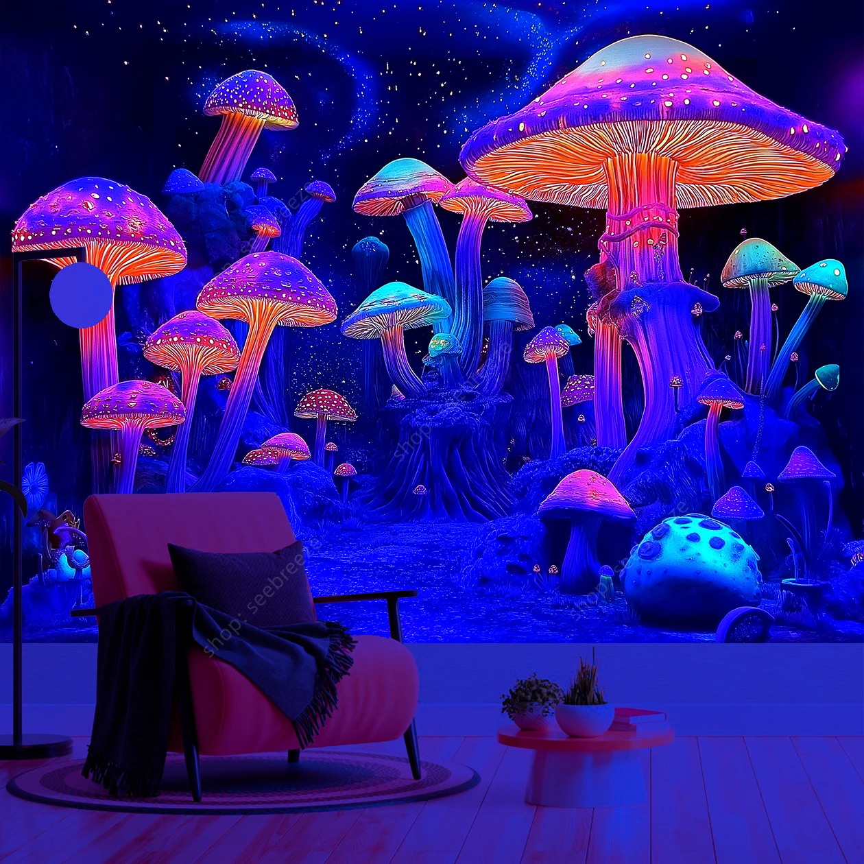 

Грибной лес, УФ-реактивный гобелен, зачарованное настенное искусство для спальни, гостиной, декор, дизайн в богемном стиле, в стиле природы