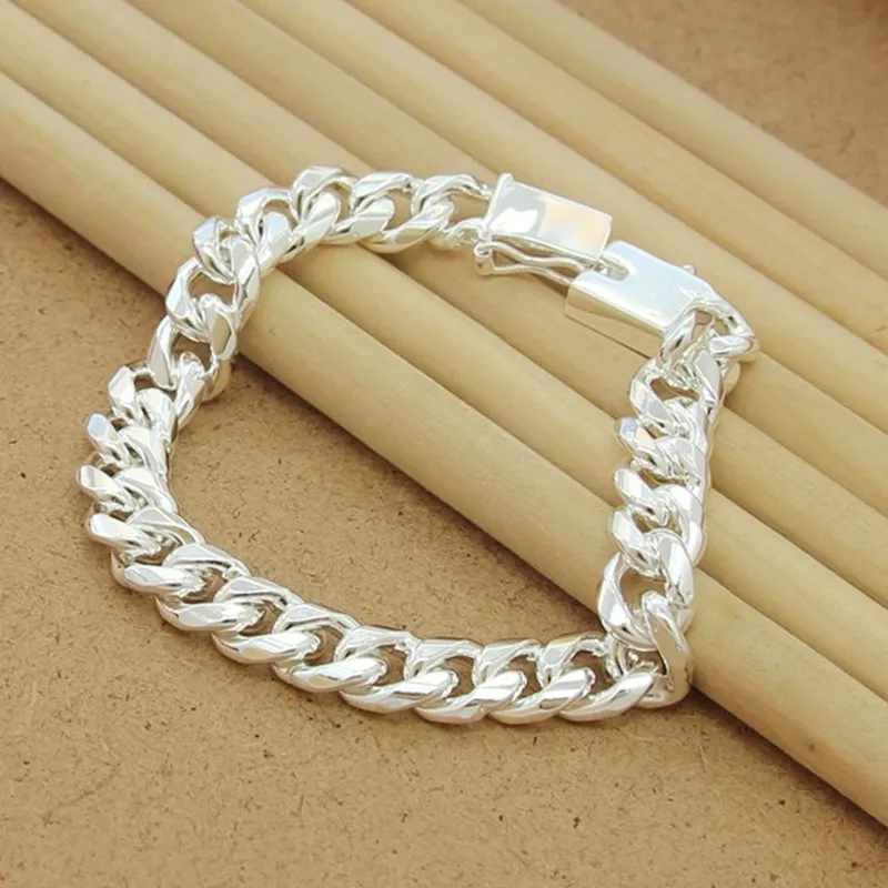 Новый Серебряный 10 мм браслет с боковой цепью Фигаро для мужчин подарки на