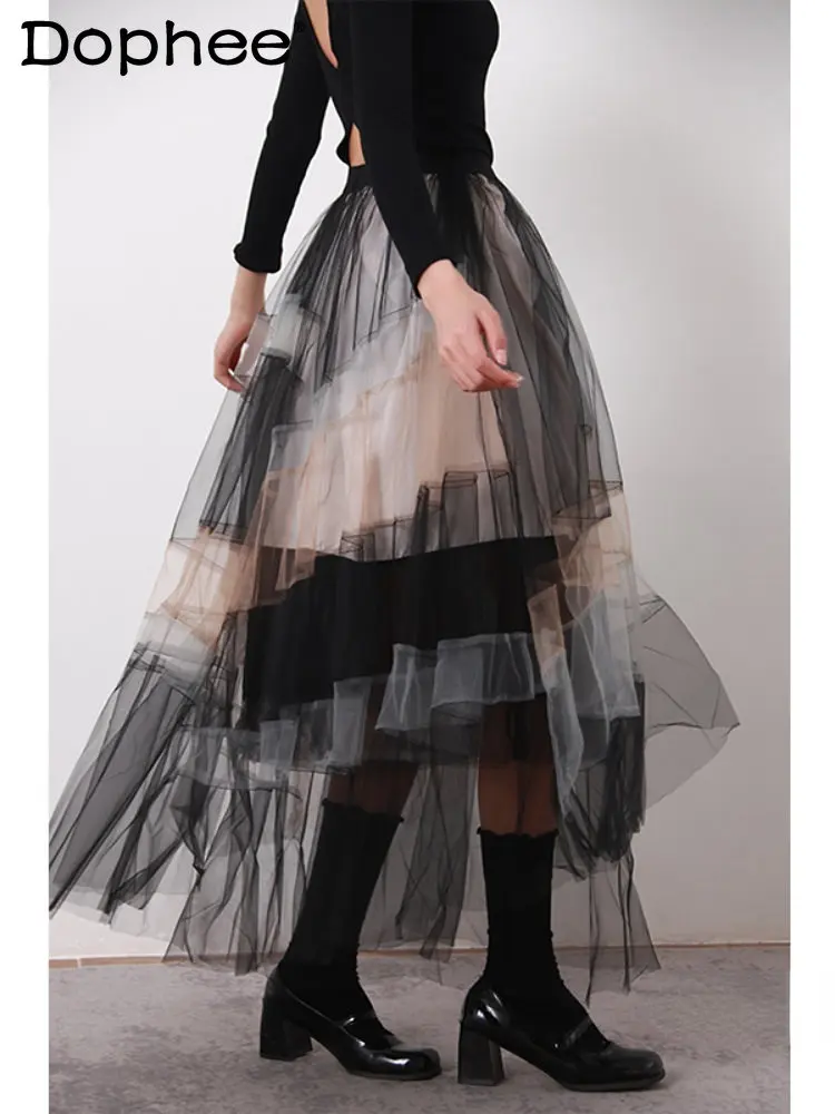 Retro Multi-Layer Contrast Color Mesh Skirt 2023 Spring Winter A- Line High Waist Temperament Long Skirts