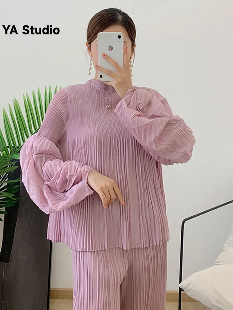 

[YA Studio] Pleated Blouse For Women Long Puff Sleeves Round Neck Loose Casual Top Female Elegant Clothing 2023 Spring