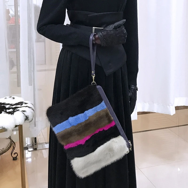 Элегантная роскошная женская меховая сумка квадратная полосатая дизайнерская