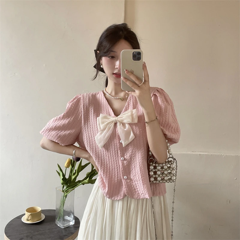 

French V-neck Short Puff Sleeve Shirt Women Summer New Chic Bow Solid Color Breasted Casual Versatile Temperament Top Mujer