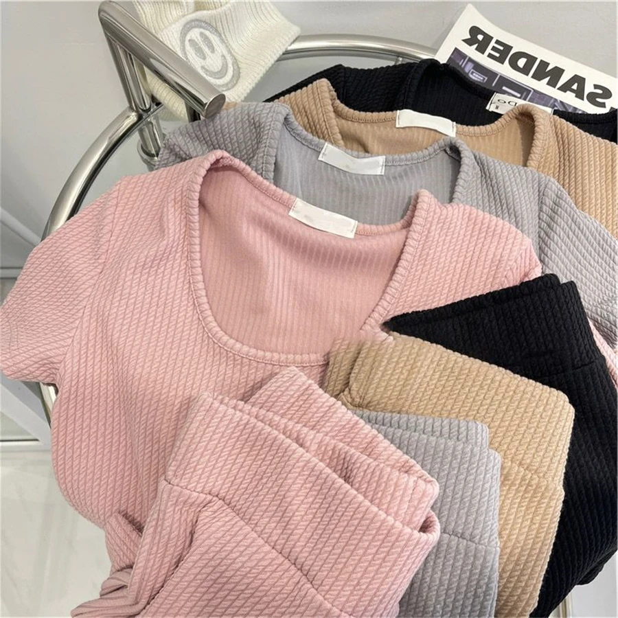 

Pink Korean Fashion Women Basic Summer Short Sleeve O Neck T-shirt+Short Pant Outfits Waffle Elegant Kawaii Femme 2 Piece Sets