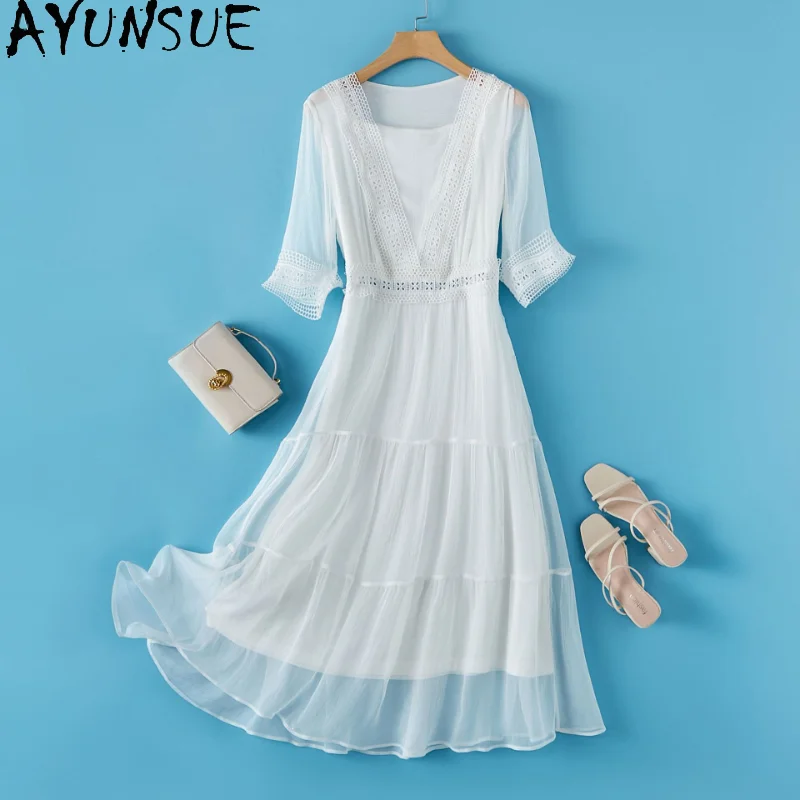 

100% шелковые белые платья для женщин 2023 однотонное платье с рукавом до локтя элегантные женские платья одежда Vestidos Para Mujer LM