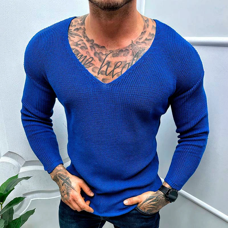 

Spring Casual Solid Color Slim Long Sleeve Sweaters Mens Clothing Leisure V Neck Knitting Pullover Streetwear Men Knit Tops