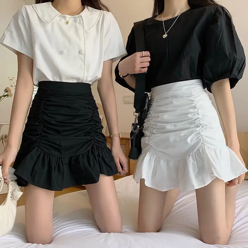 

Skirts Women Solid A-line Summer Mini Hem Ruffles New Ulzzang Chic Ruched All-match High Waist Hot Selling Lovely Girls Elegant