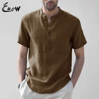euow 2022 fashion stand collar casual shirt us size men linen half cardigan solid color casual breathable loose short sleeve top