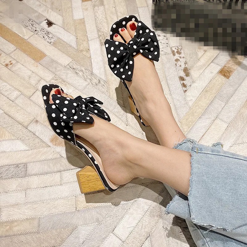 

Square heel Beach Shoes Slippers Heels Slipers Women Butterfly-Knot Luxury Slides Block Sabot High 2022 Designer PU Rubber Butte