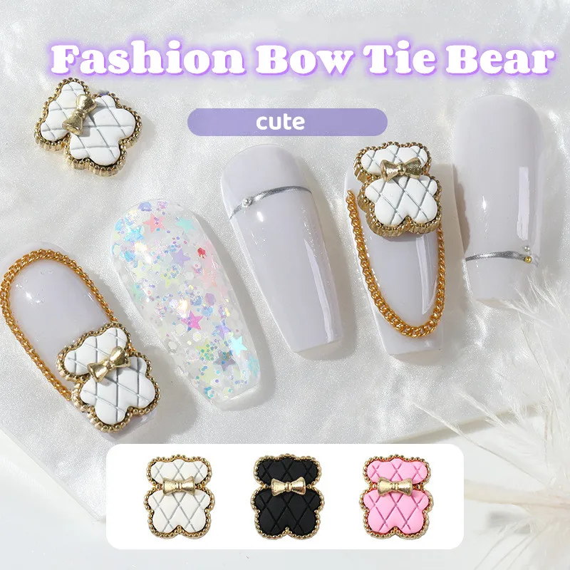 

2 упаковки, искусственные ногти, 3D галстук-бабочка, клетчатый медведь, сплав, украшения для ногтей, белый/розовый/черный, «сделай сам», модные...