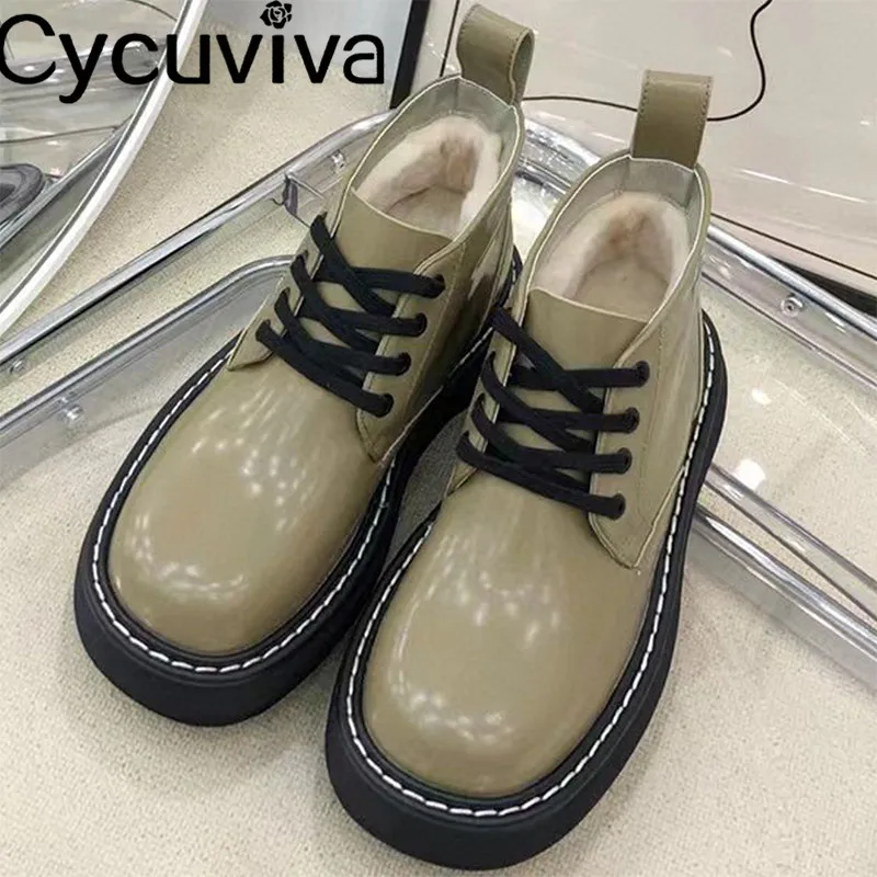 

Женские кожаные туфли на платформе, на шнуровке, с круглым носком, на толстой подошве, дизайнерская Меховая зимняя повседневная обувь для от...