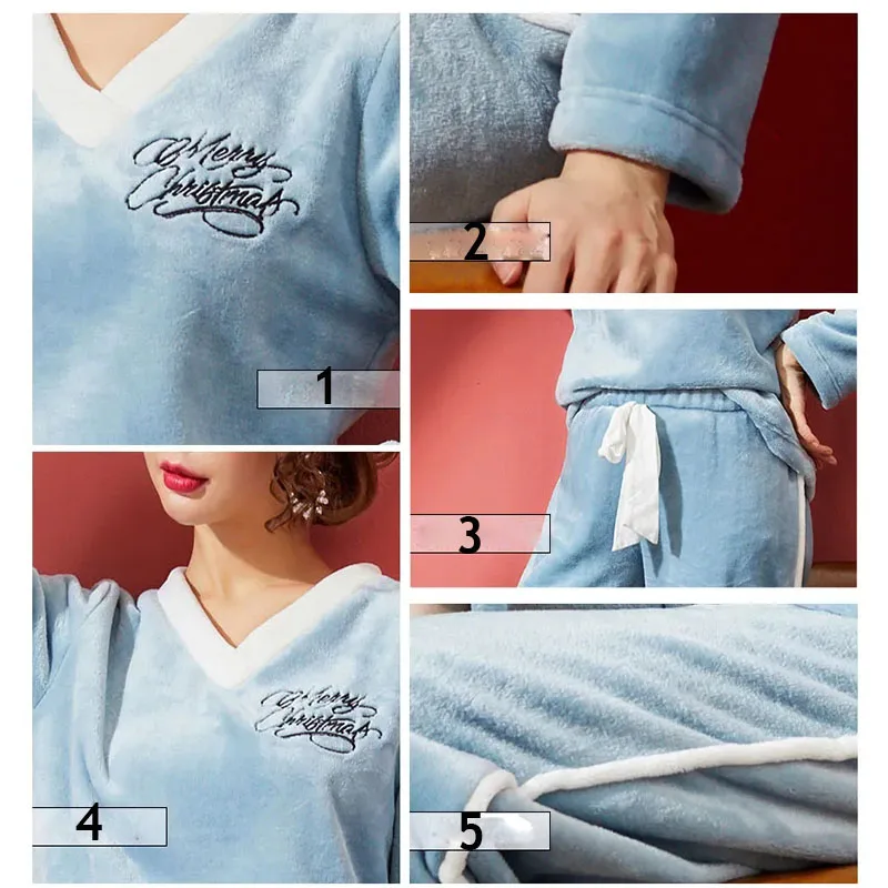 Winter Warm Thicken Flannel Pajamas Set Sweet Women Long Sleeve Cartoon Print Leisure Homewear Sleepwear Tops+Pants