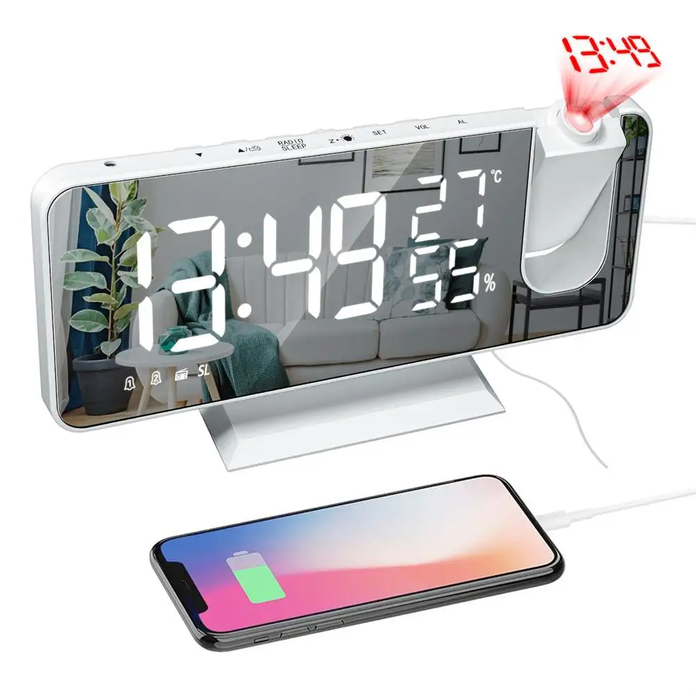 

FM Radio LED Digital Smart Projection Alarm Clock USB Wakeup Clock 180-degree Rotation Time Projection