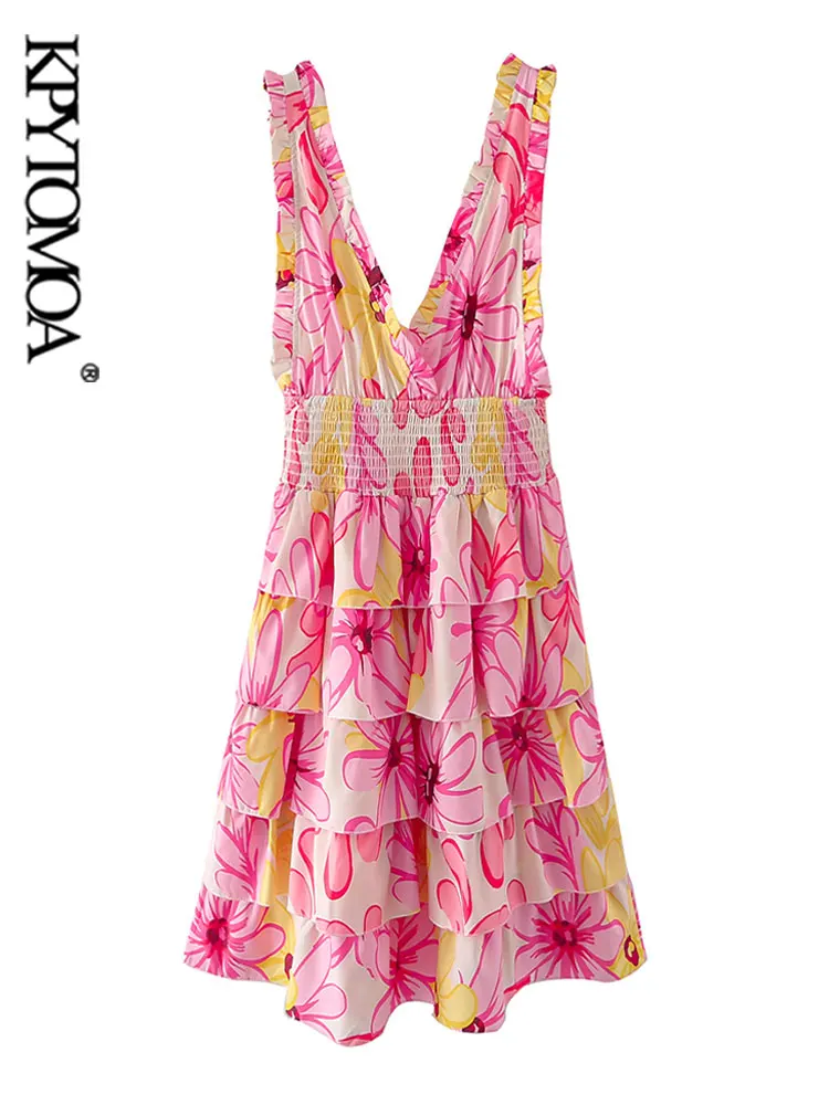 

KPYTOMOA Women Fashion Floral Print Ruffled Mini Dress Vintage Elastic Waist Backless Straps Female Dresses Vestidos Mujer